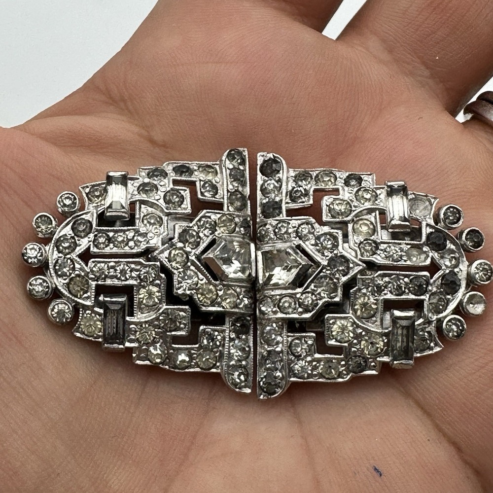 Vtg‎ Art Deco Duette Fur Clip Brooch Clear Rhinestone Signed